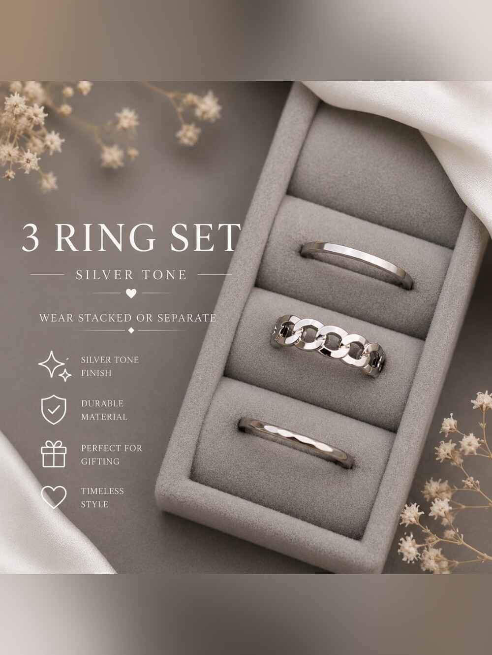 3-Piece Silver Tone Women's Ring Set - Stackable Fashion Bands